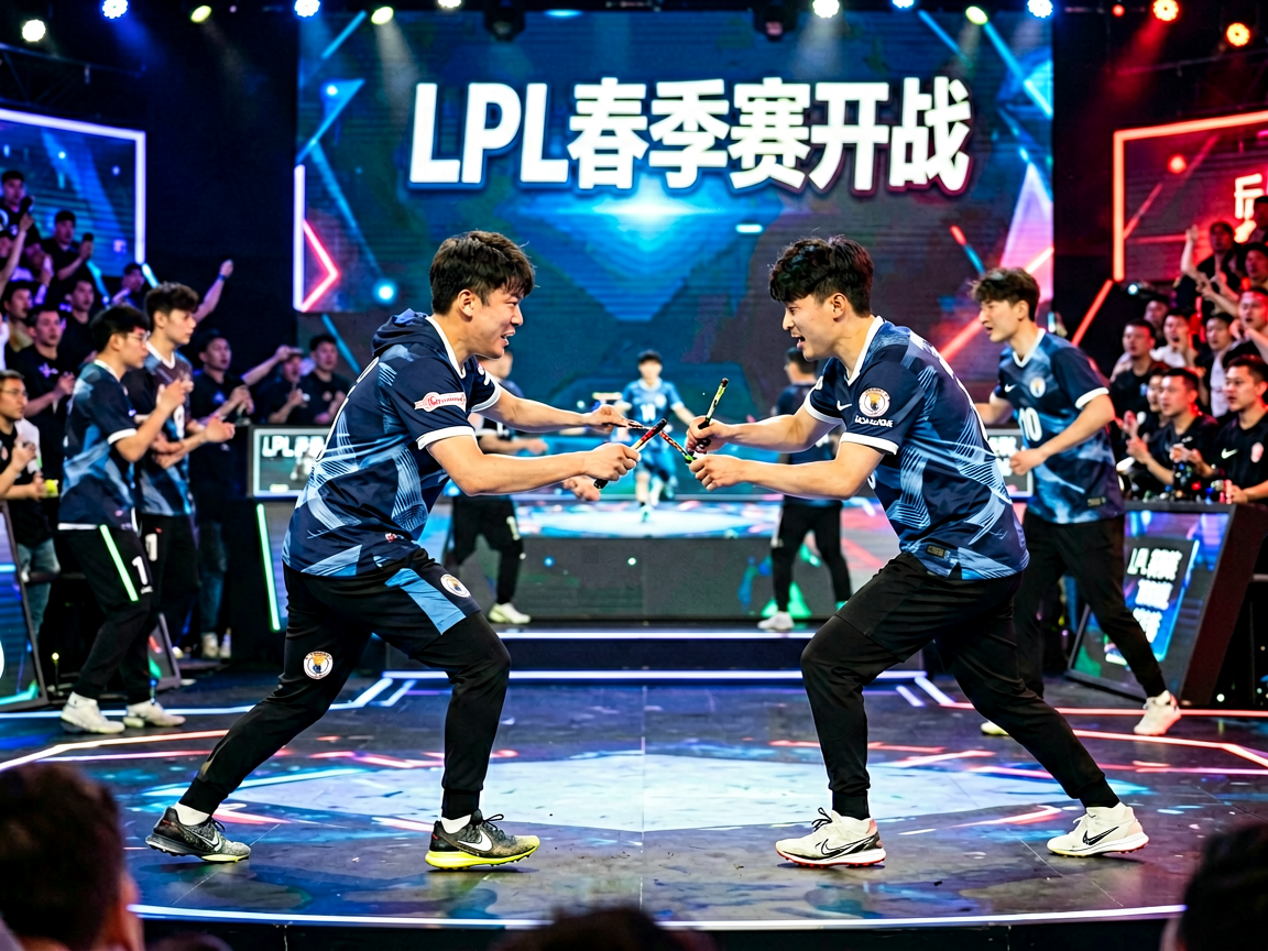 电竞赛事现场，选手在舞台上激烈对战